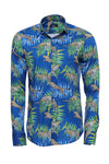 Tiger And Leaf Patterned Long Sleeves Slim Fit Blue Men Shirt - Wessi