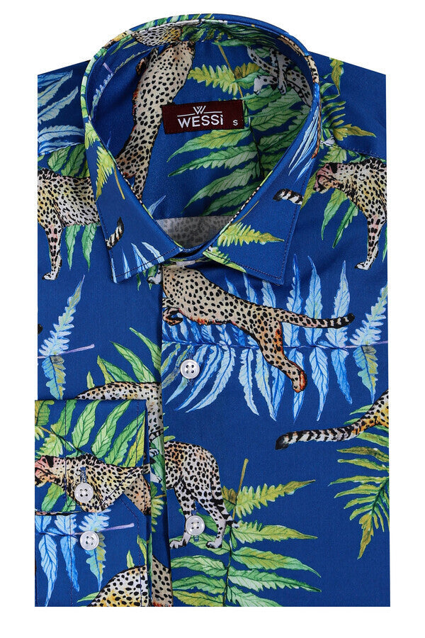 Camisa de hombre azul ajustada de manga larga con estampado de tigre y hojas - Wessi