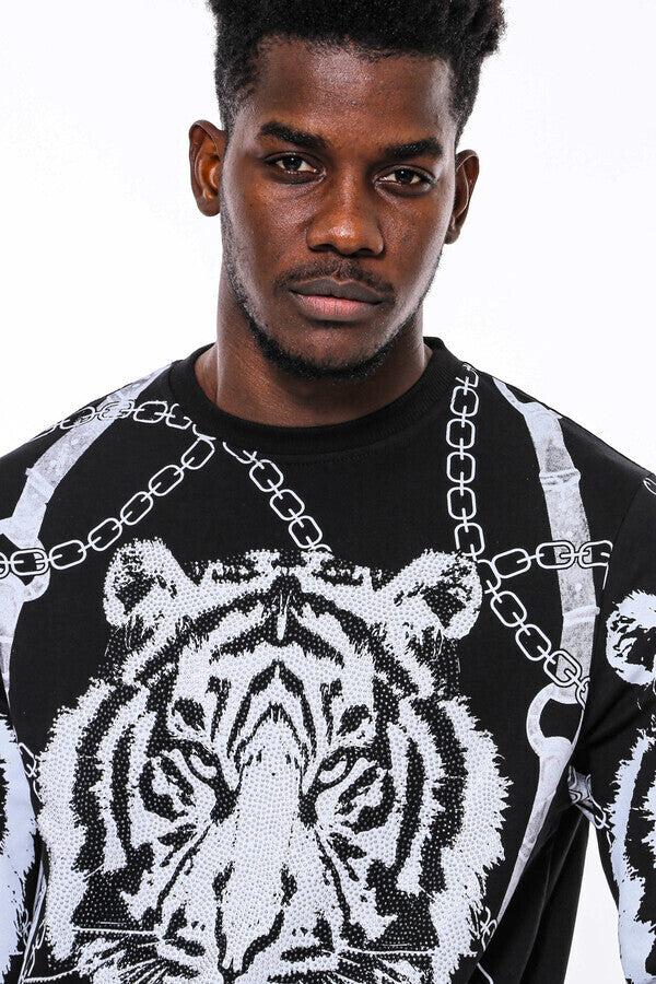 Tiger Patterned Slim Fit Black Sweatshirt - Wessi