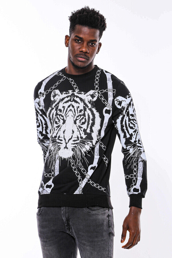 Tiger Patterned Slim Fit Black Sweatshirt - Wessi