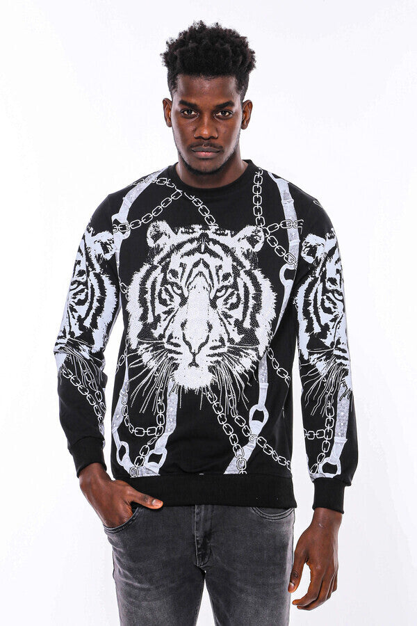 Tiger Patterned Slim Fit Black Sweatshirt - Wessi