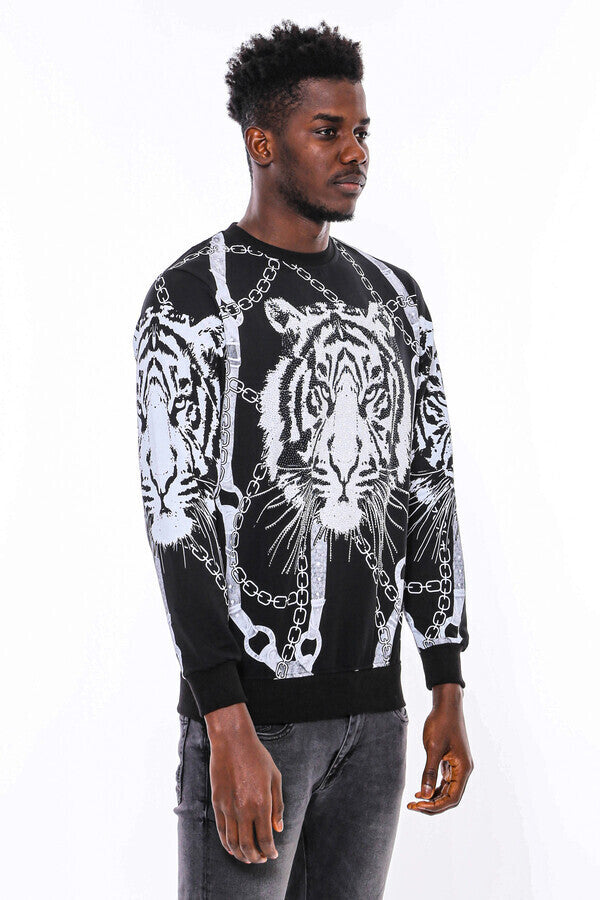 Tiger Patterned Slim Fit Black Sweatshirt - Wessi