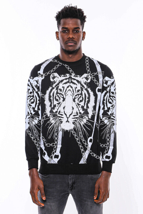 Tiger Patterned Slim Fit Black Sweatshirt - Wessi