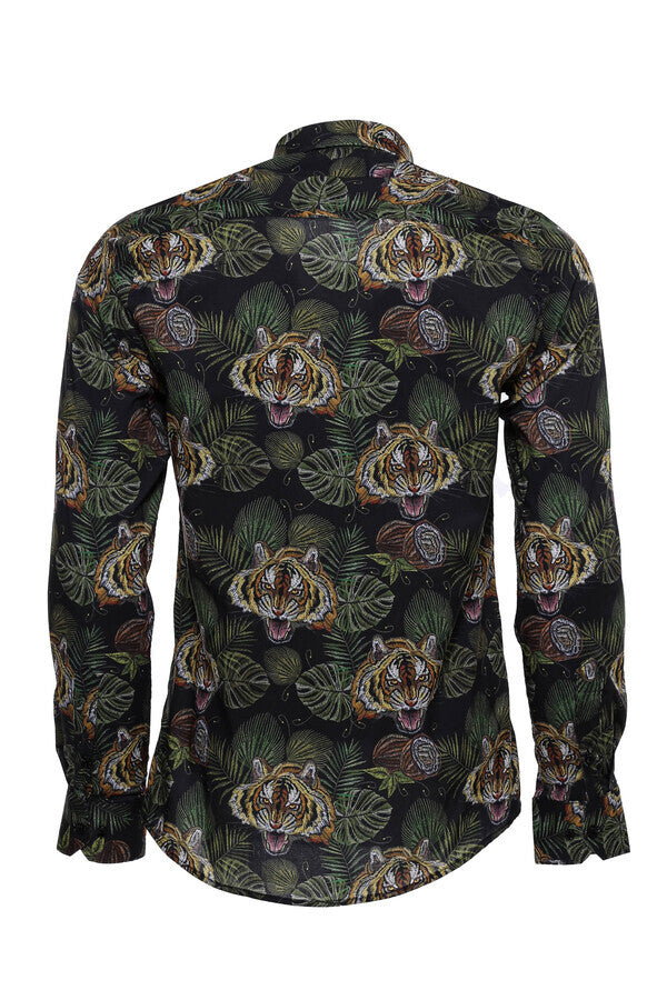 Tiger Patterned Slim Fit Long Sleeves Black Men Shirt - Wessi