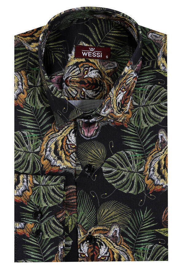 Camisa ajustada de manga larga con estampado de tigre para hombre, color negro - Wessi