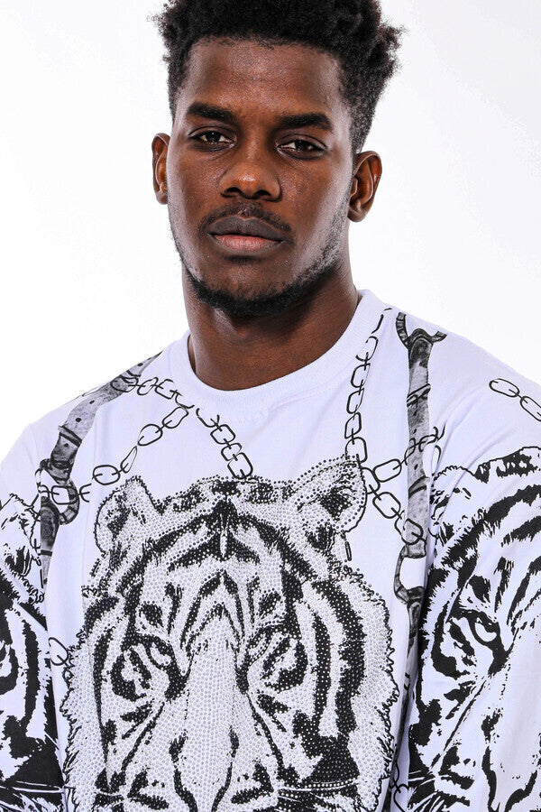 Tiger Patterned Slim Fit White SweatshirtTiger Patterned Slim Fit White Sweatshirt - Wessi