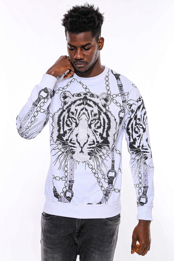 Tiger Patterned Slim Fit White SweatshirtTiger Patterned Slim Fit White Sweatshirt - Wessi