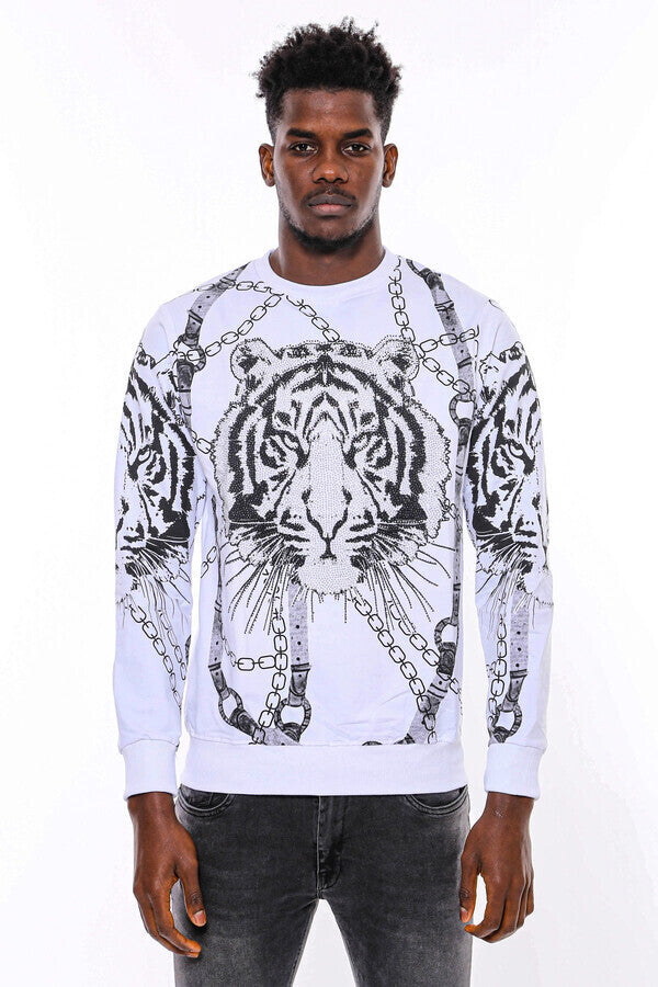 Tiger Patterned Slim Fit White SweatshirtTiger Patterned Slim Fit White Sweatshirt - Wessi