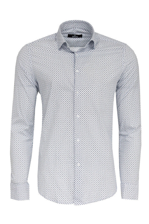 White Tiny Check Patterned Slim Fit Shirt - Wessi