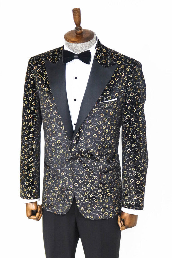 Tiny Flower Pattern Black Men Prom Blazer - Wessi