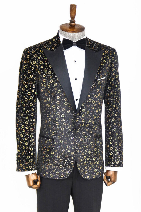 Tiny Flower Pattern Black Men Prom Blazer - Wessi