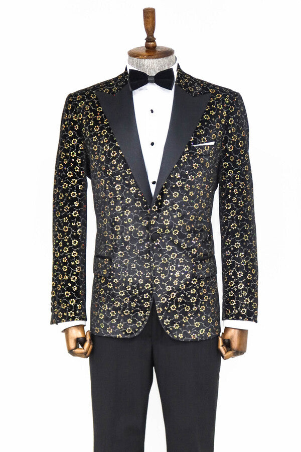 Blazer de fiesta para hombre con estampado de pequeñas flores en color negro - Wessi