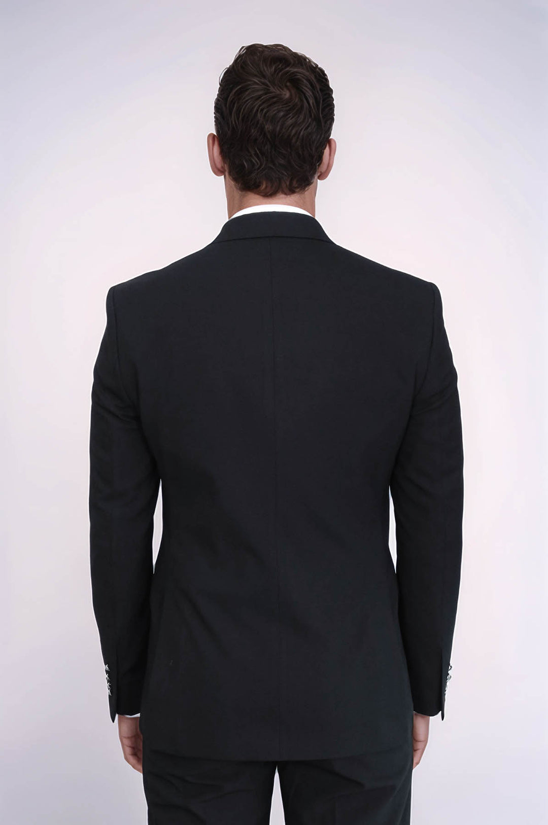 Slim Fit Double-Breasted Black Men’s Suit with Silver-Tone Metal Buttons – Wessi