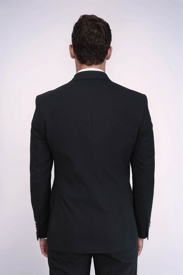 Slim Fit Double-Breasted Black Men’s Suit with Silver-Tone Metal Buttons – Wessi