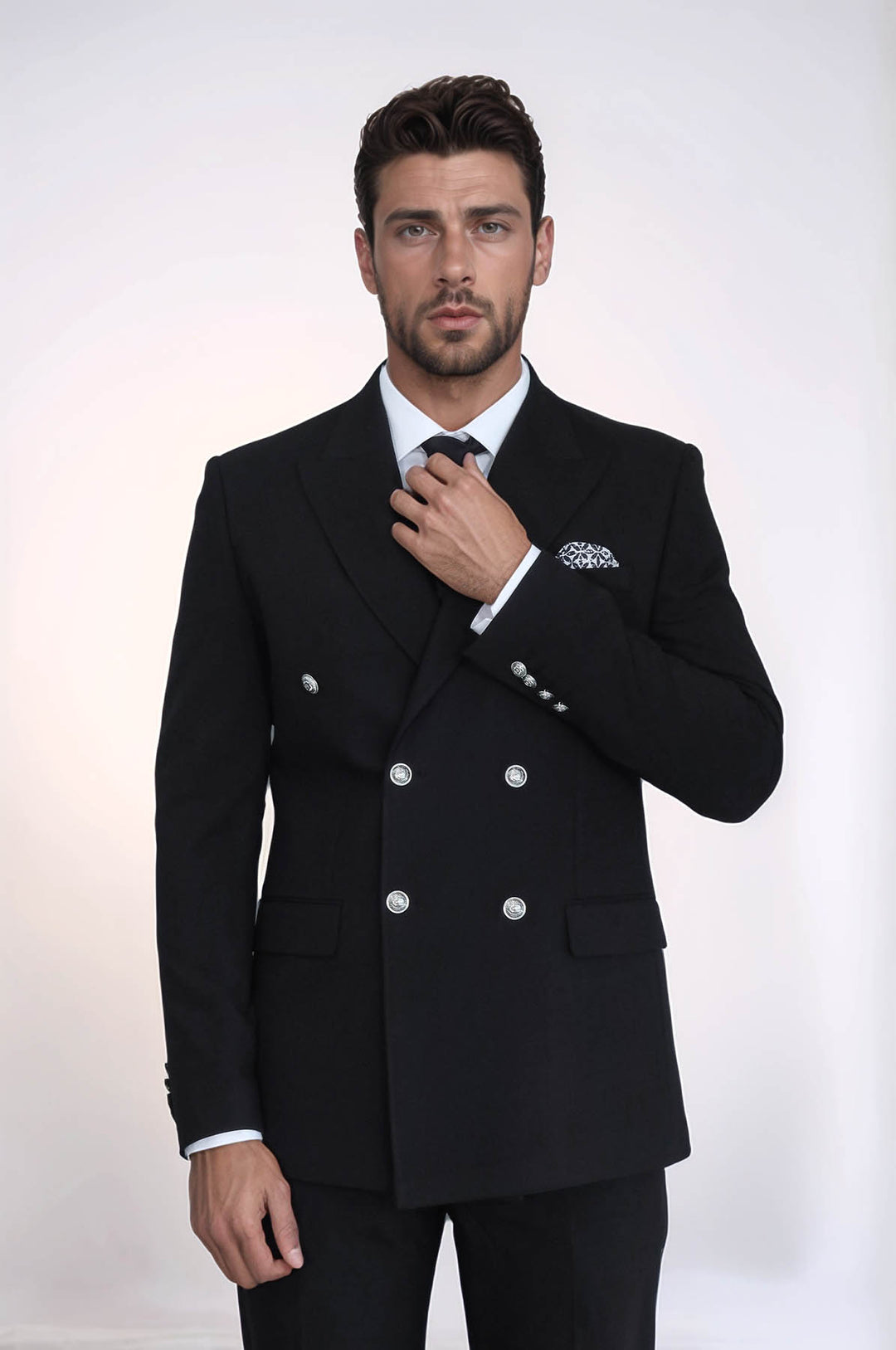 Slim Fit Double-Breasted Black Men’s Suit with Silver-Tone Metal Buttons – Wessi