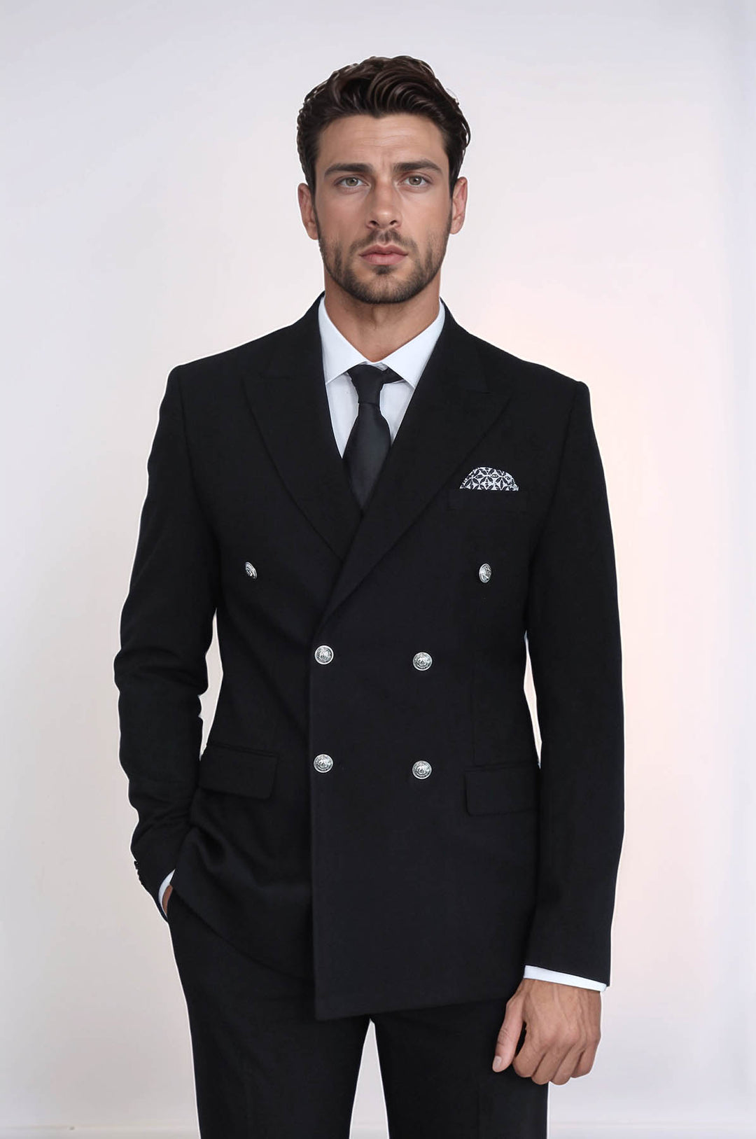Slim Fit Double-Breasted Black Men’s Suit with Silver-Tone Metal Buttons – Wessi