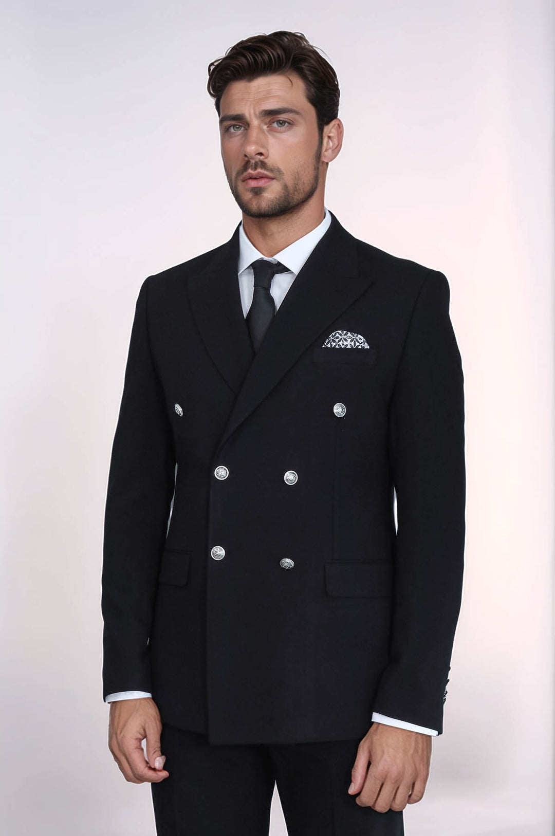 Slim Fit Double-Breasted Black Men’s Suit with Silver-Tone Metal Buttons – Wessi