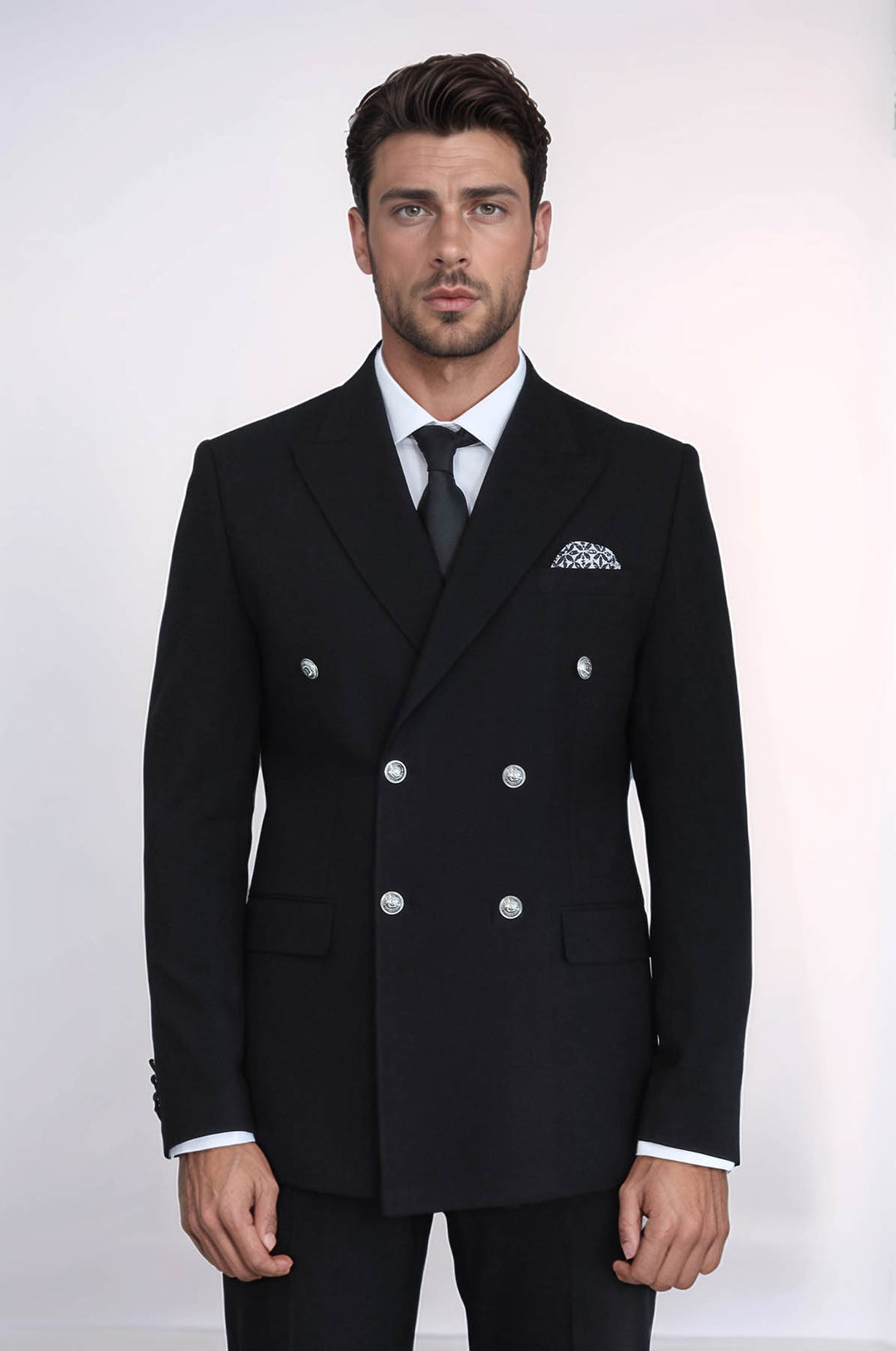 Slim Fit Double-Breasted Black Men’s Suit with Silver-Tone Metal Buttons – Wessi