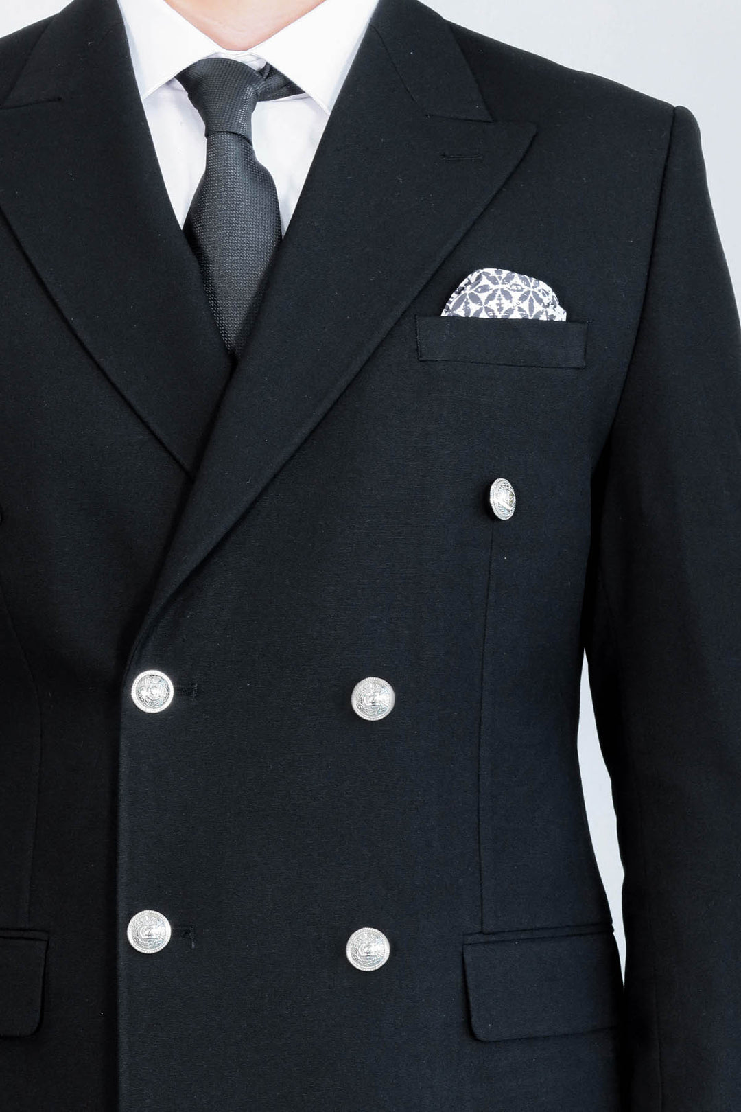 Slim Fit Double-Breasted Black Men’s Suit with Silver-Tone Metal Buttons – Wessi