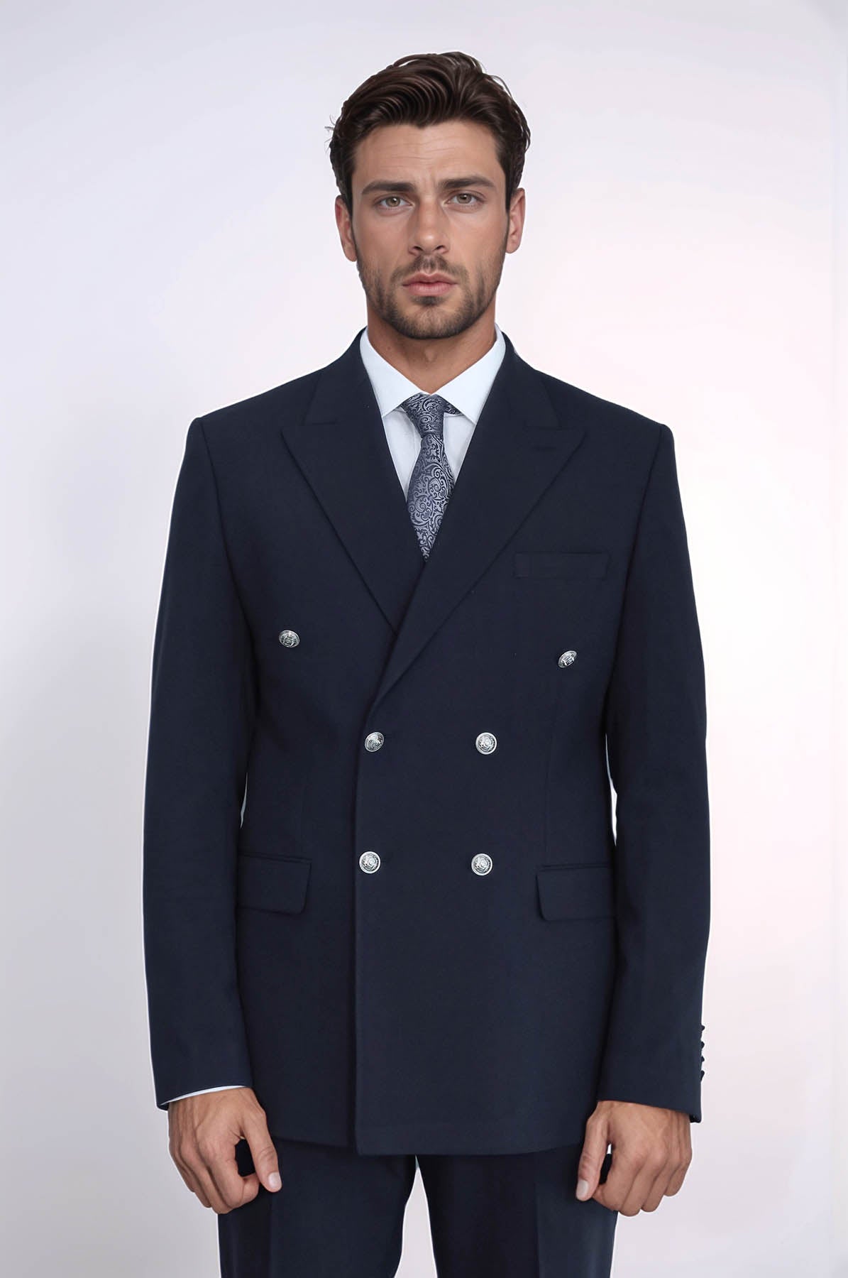 Slim Fit Double-Breasted Navy Men's Suit with Silver-Tone Metal