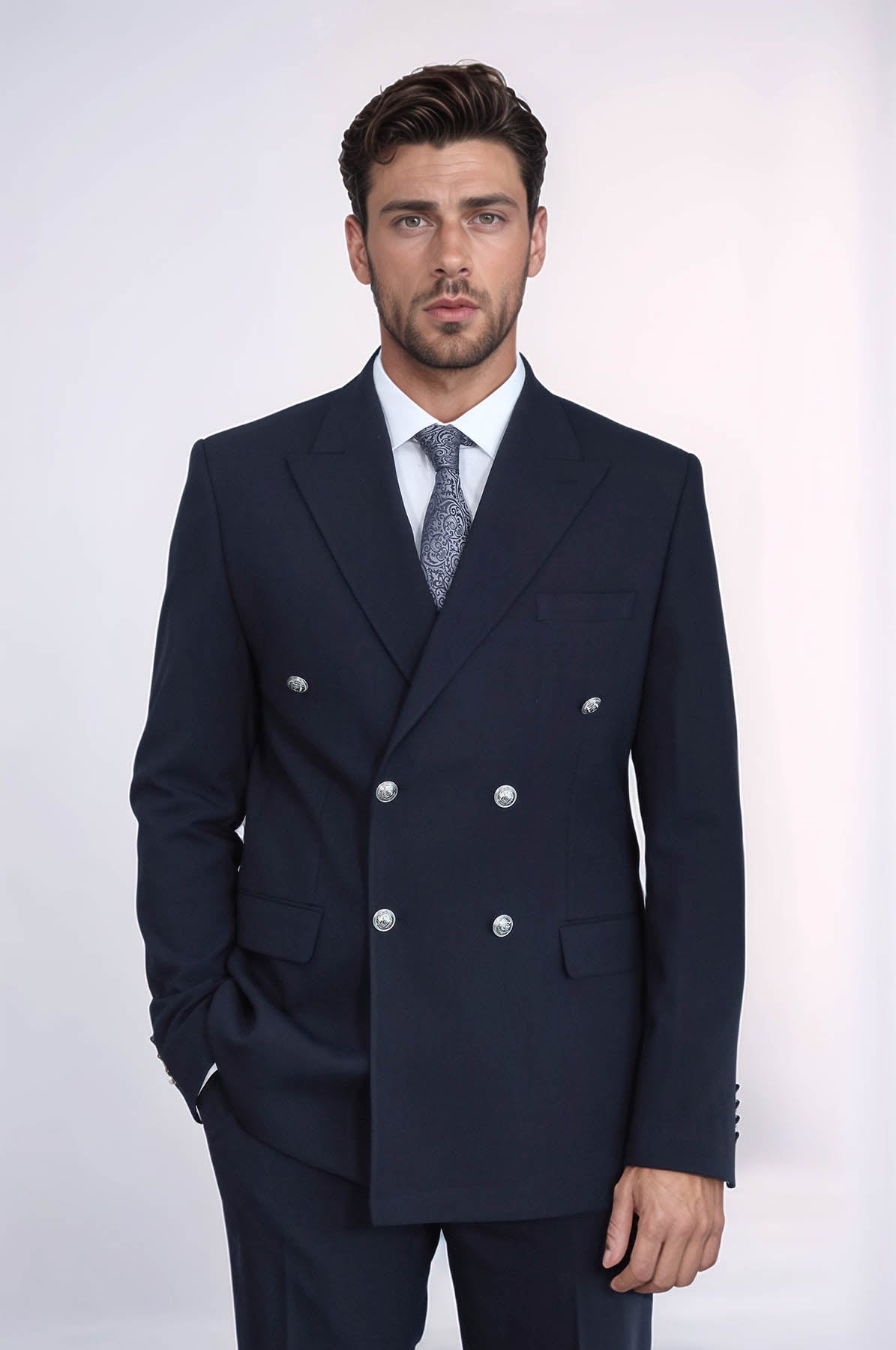 Slim Fit Double-Breasted Navy Men's Suit with Silver-Tone Metal