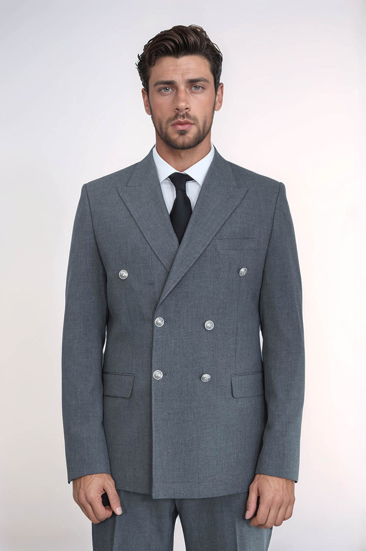 Slim Fit Double-Breasted Anthracite Men’s Suit with Silver-Tone Metal Buttons – Wessi