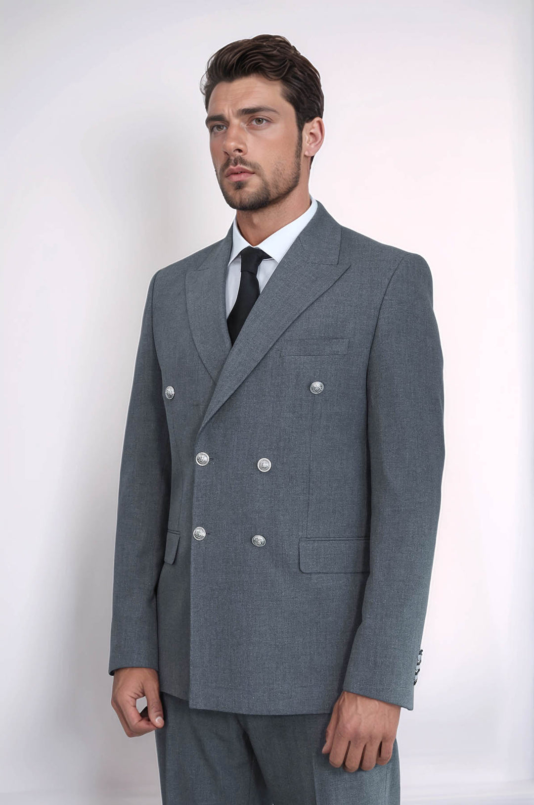 Slim Fit Double-Breasted Anthracite Men’s Suit with Silver-Tone Metal Buttons – Wessi