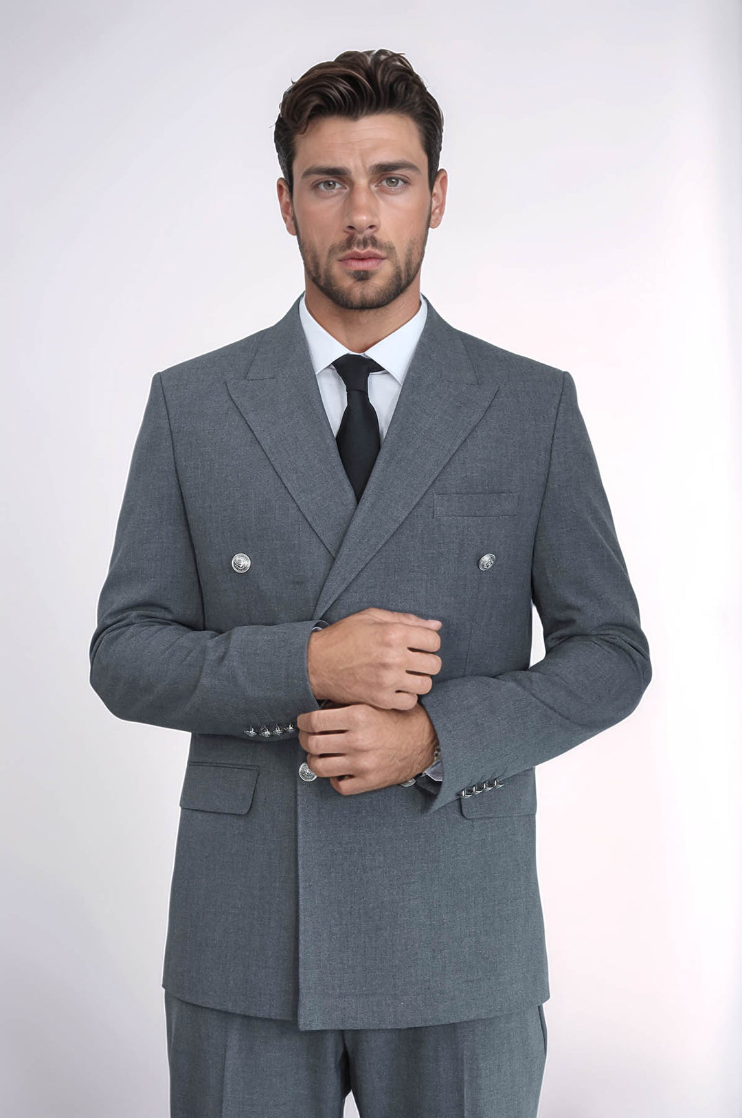 Slim Fit Double-Breasted Anthracite Men’s Suit with Silver-Tone Metal Buttons – Wessi