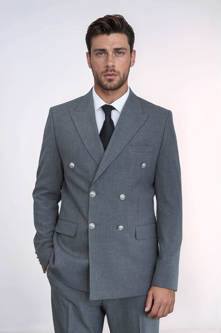 Slim Fit Double-Breasted Anthracite Men’s Suit with Silver-Tone Metal Buttons – Wessi