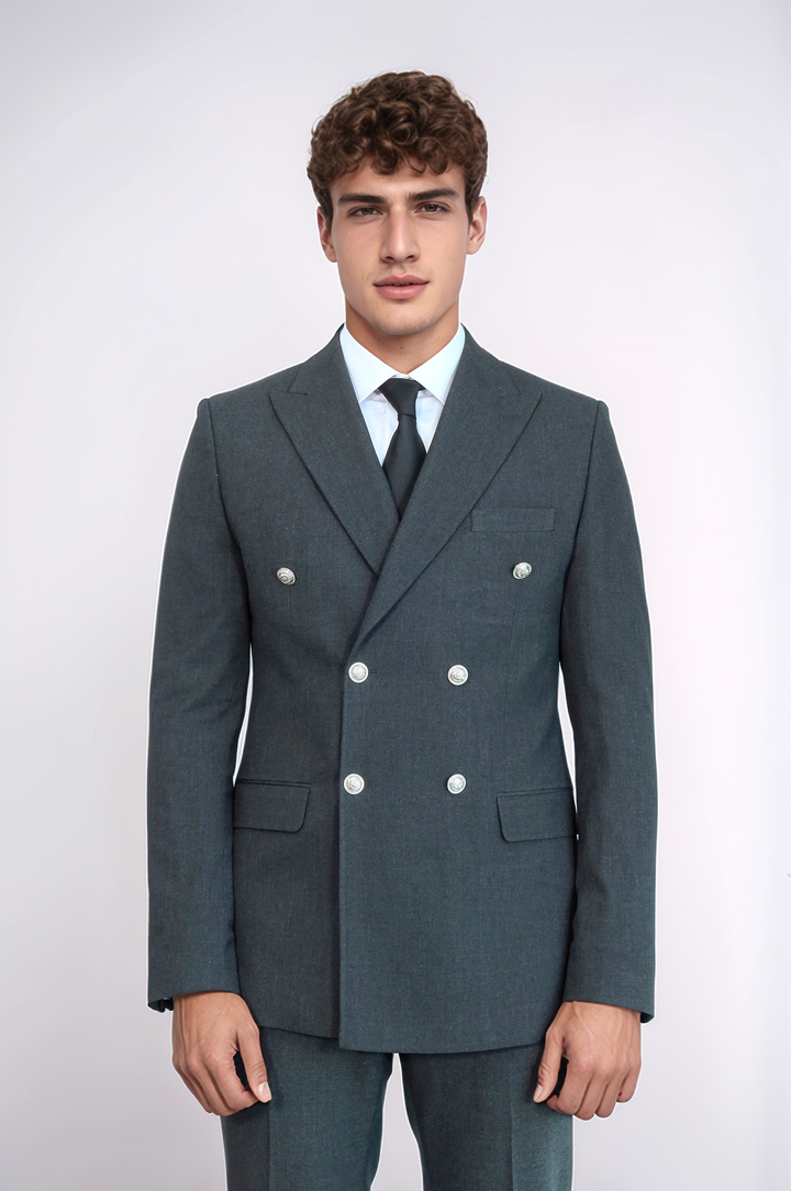 Modern Fit Double-Breasted Dark Grey Men’s Suit with Silver-Tone Metal Buttons – Wessi