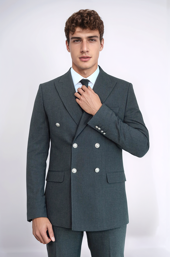 Modern Fit Double-Breasted Dark Grey Men’s Suit with Silver-Tone Metal Buttons – Wessi