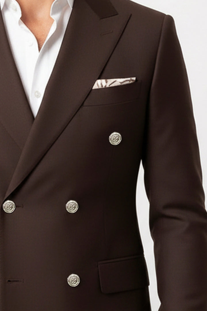 Modern Fit Double-Breasted Brown Men’s Suit with Silver-Tone Metal Buttons – Wessi