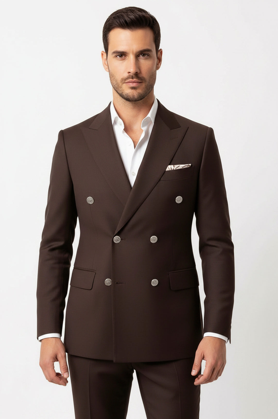 Modern Fit Double-Breasted Brown Men’s Suit with Silver-Tone Metal Buttons – Wessi