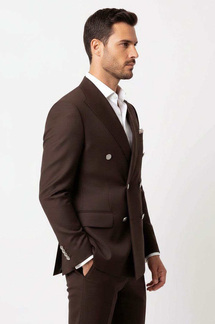Modern Fit Double-Breasted Brown Men’s Suit with Silver-Tone Metal Buttons – Wessi