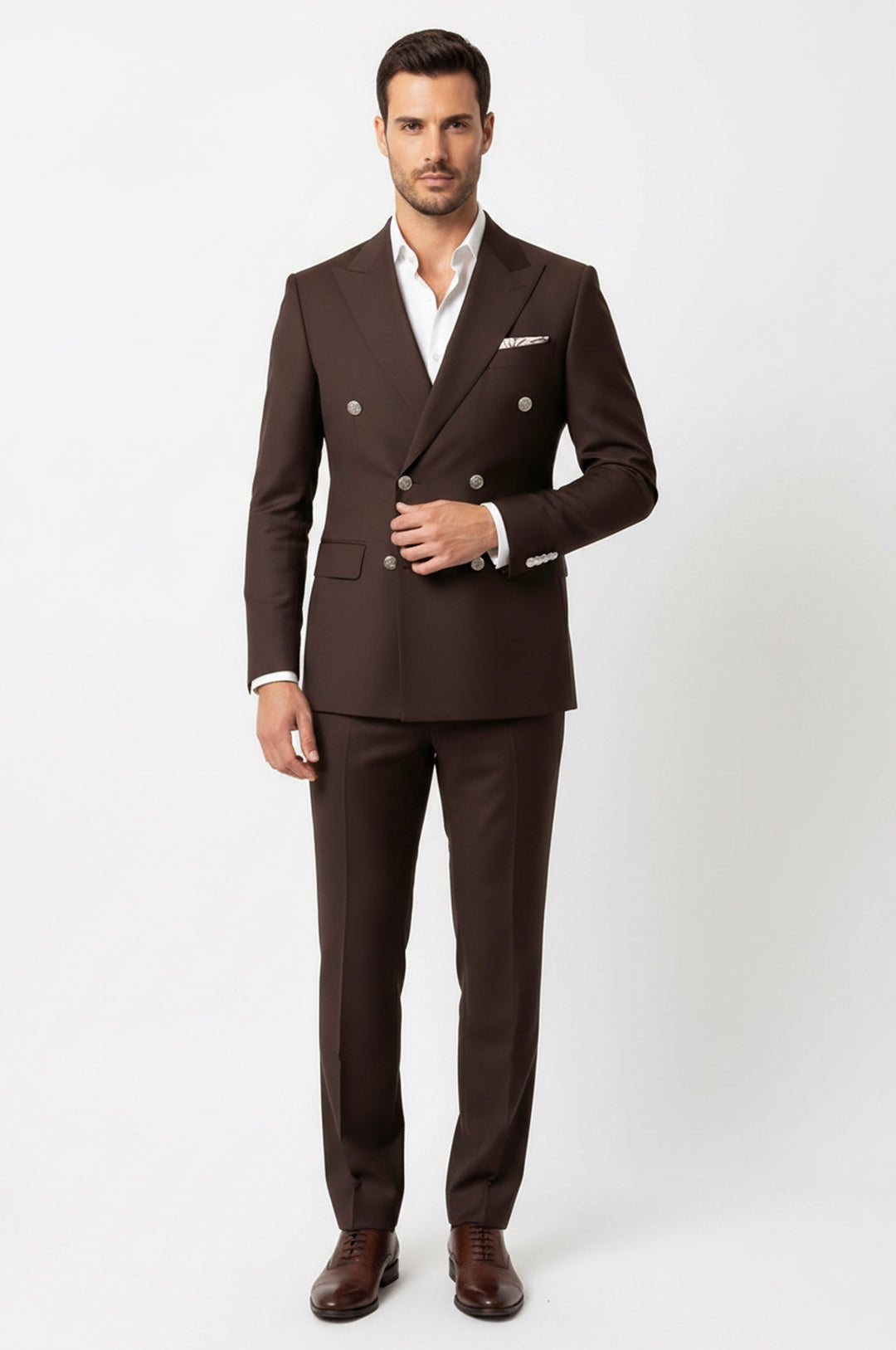Modern Fit Double-Breasted Brown Men’s Suit with Silver-Tone Metal Buttons – Wessi