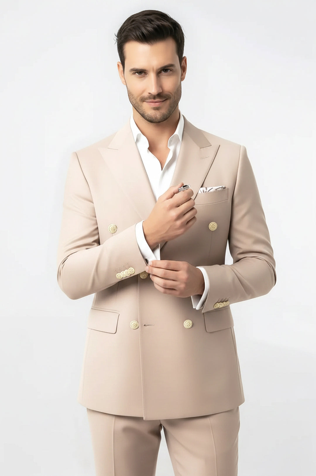 Modern Fit Double-Breasted Beige Men’s Suit with Silver-Tone Metal Buttons – Wessi