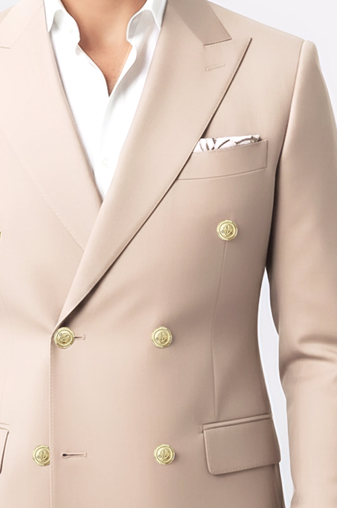 Modern Fit Double-Breasted Beige Men’s Suit with Silver-Tone Metal Buttons – Wessi