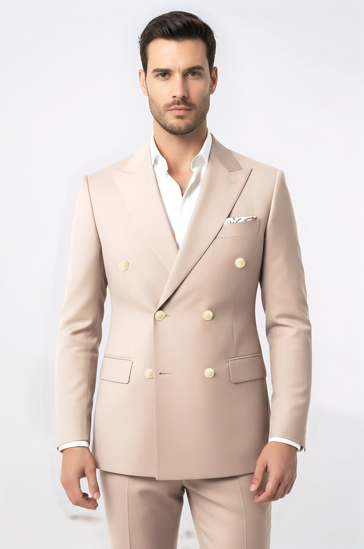 Modern Fit Double-Breasted Beige Men’s Suit with Silver-Tone Metal Buttons – Wessi