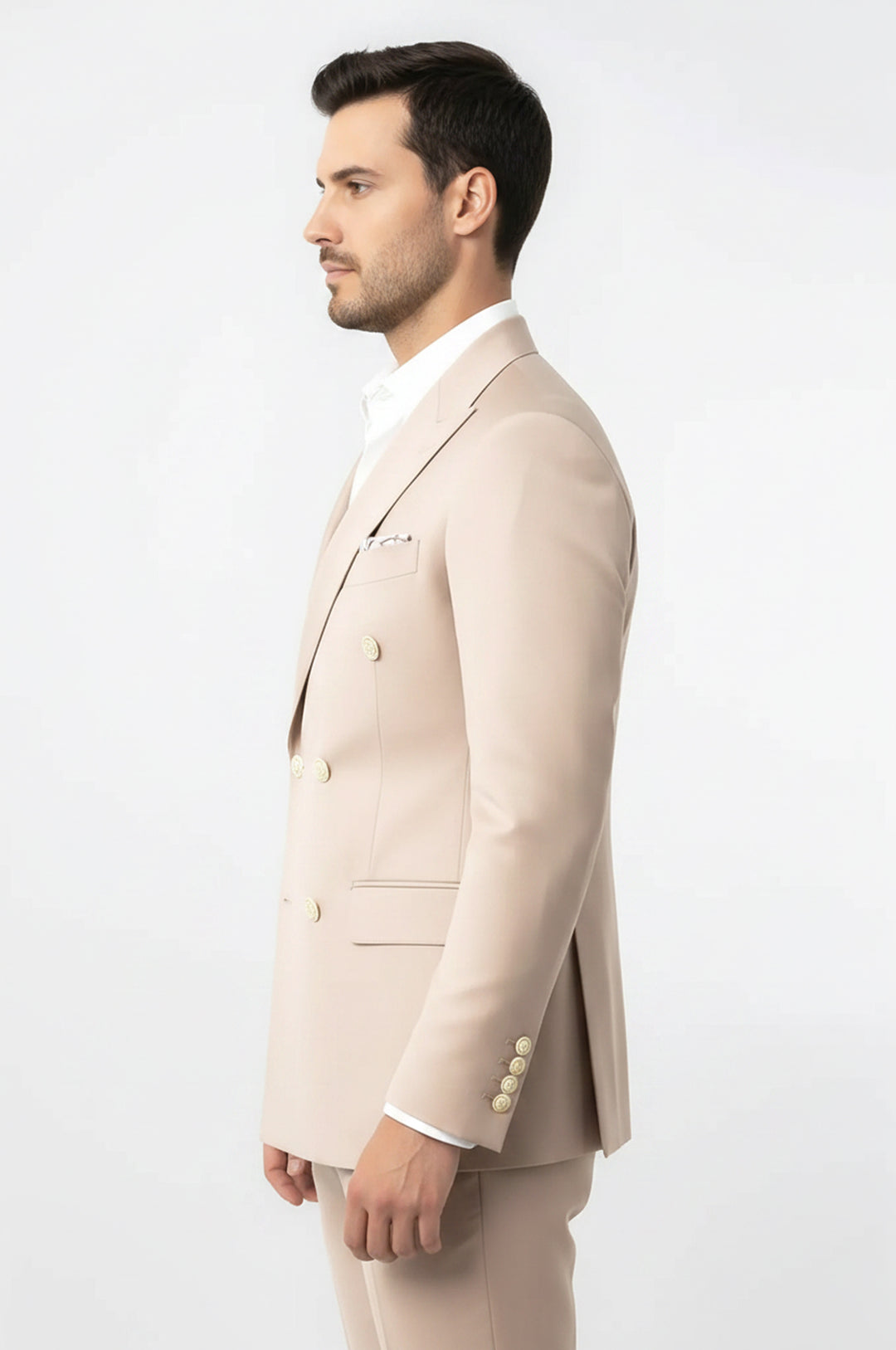 Modern Fit Double-Breasted Beige Men’s Suit with Silver-Tone Metal Buttons – Wessi