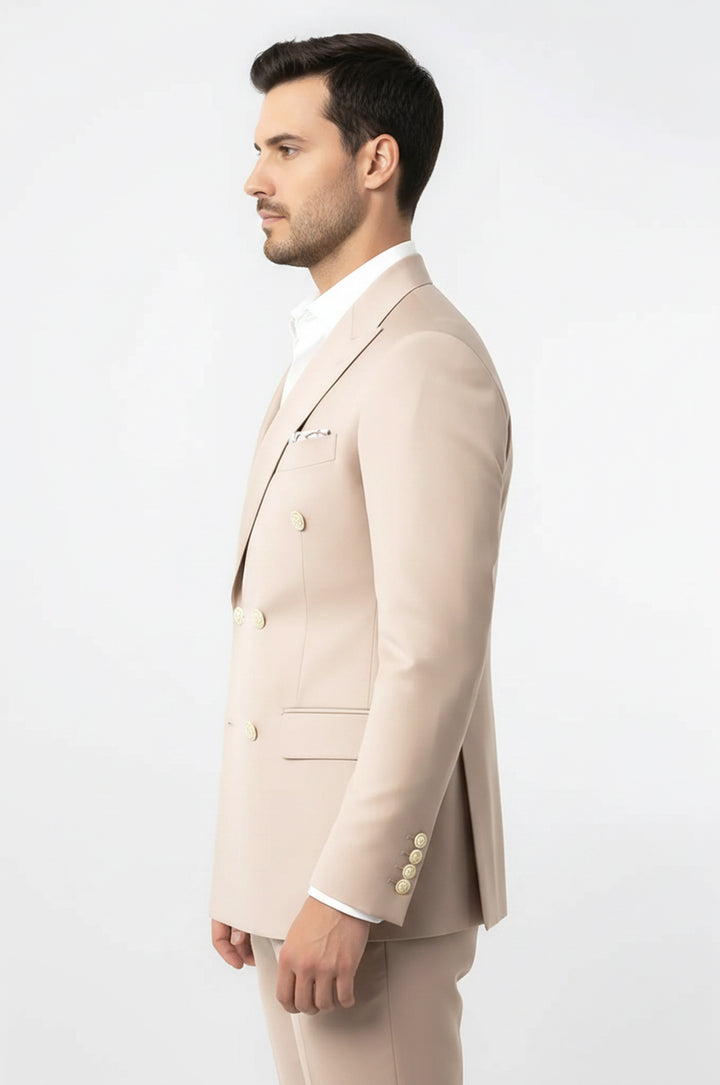 Modern Fit Double-Breasted Beige Men’s Suit with Silver-Tone Metal Buttons – Wessi