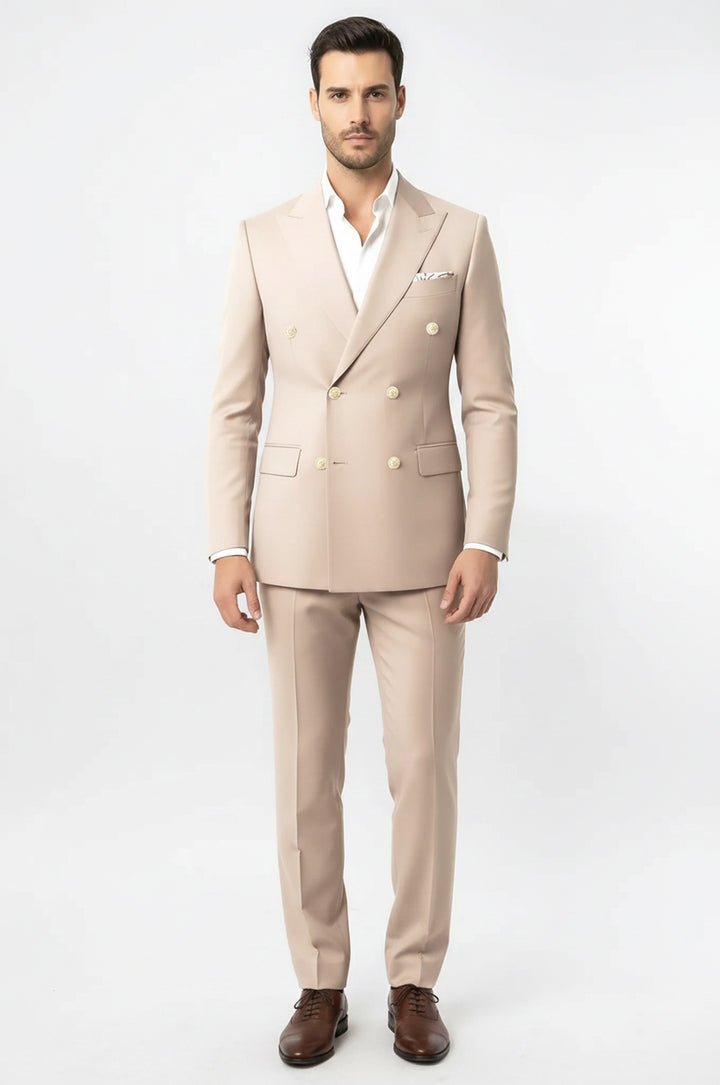 Modern Fit Double-Breasted Beige Men’s Suit with Silver-Tone Metal Buttons – Wessi