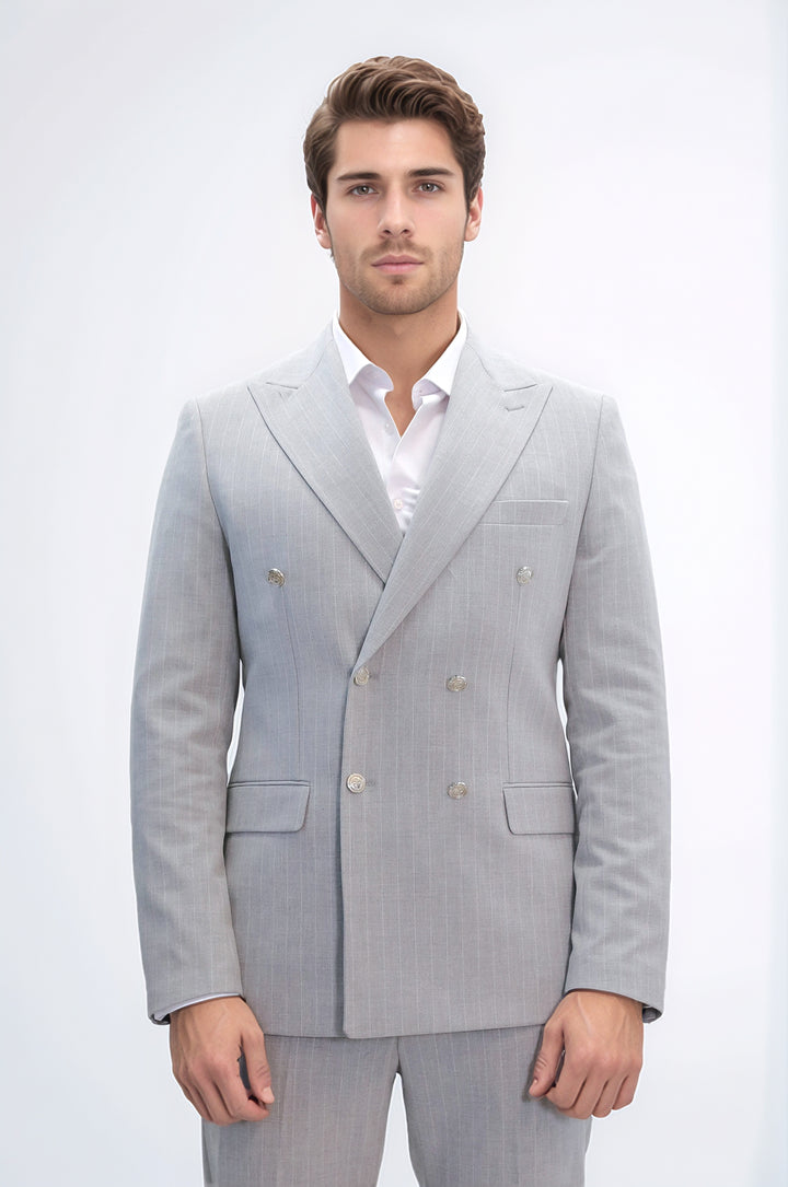Pinstripe Double Breasted Men’s Light Grey Suit with Silver Button Details - Wessi