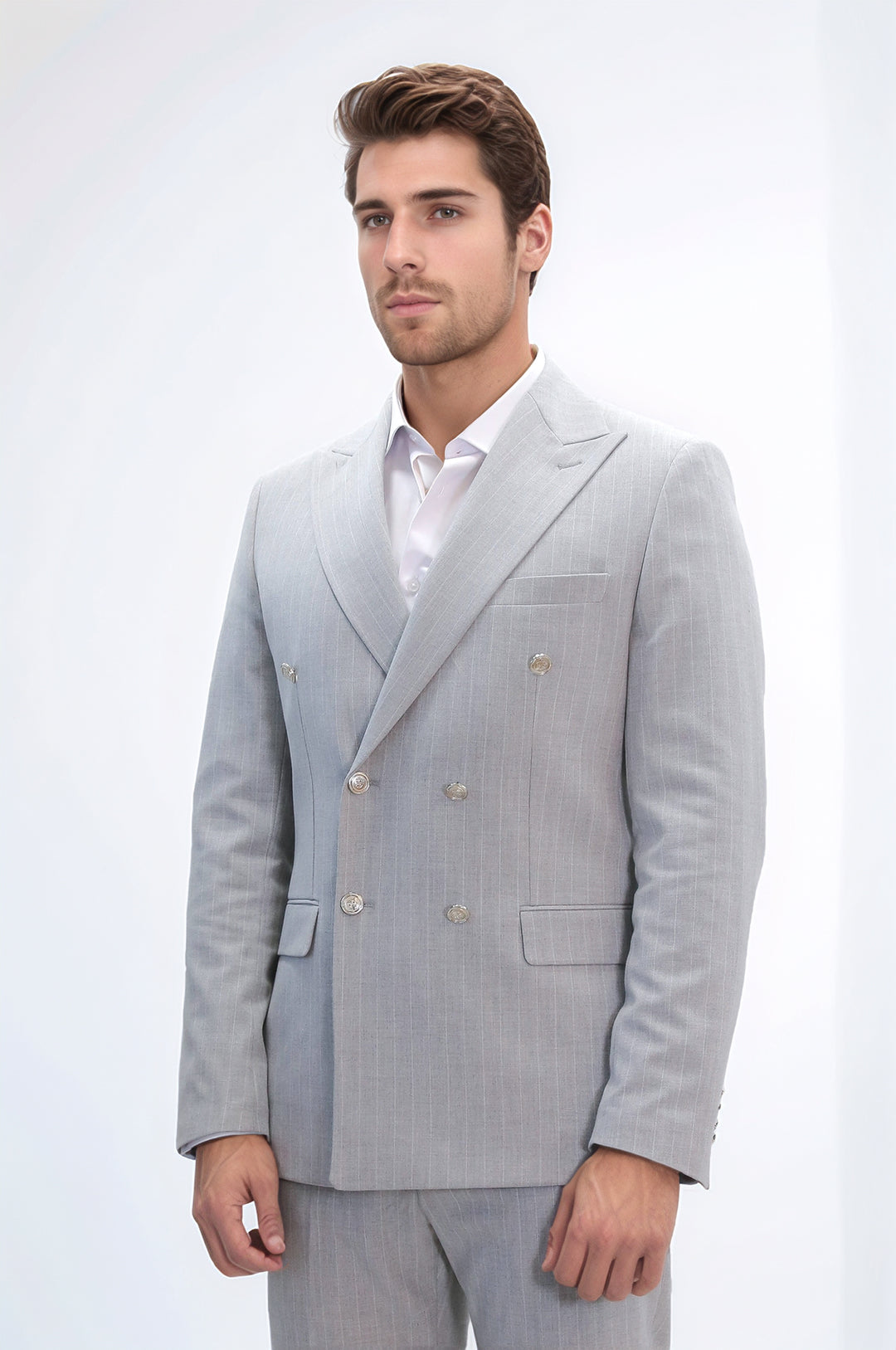 Pinstripe Double Breasted Men’s Light Grey Suit with Silver Button Details - Wessi
