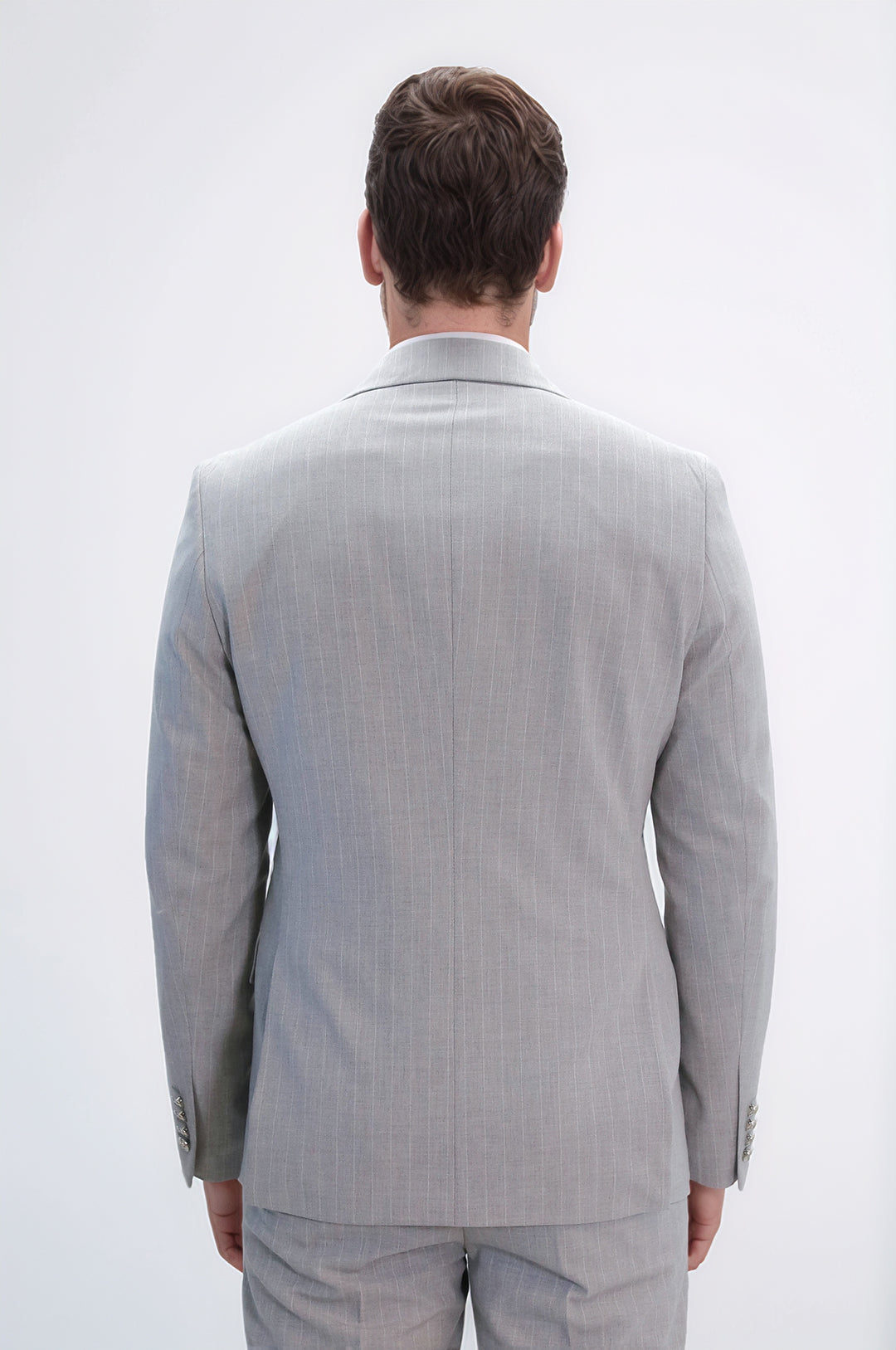 Pinstripe Double Breasted Men’s Light Grey Suit with Silver Button Details - Wessi