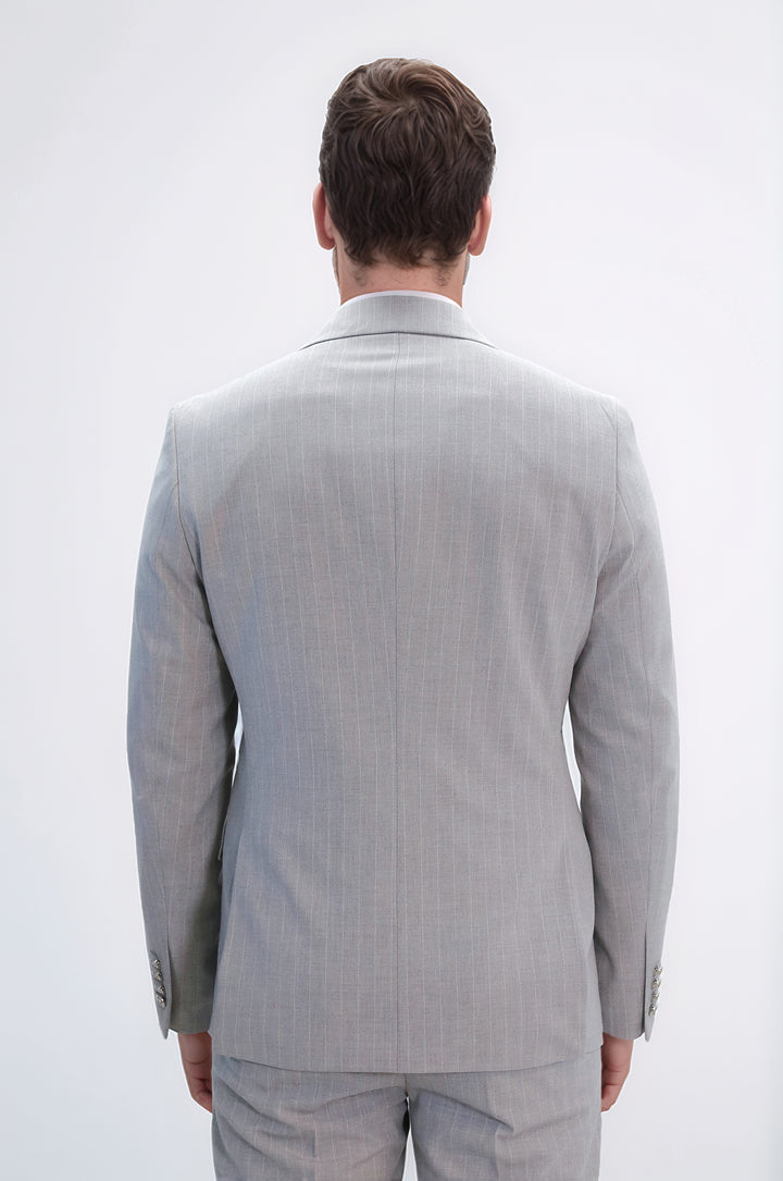Pinstripe Double Breasted Men’s Light Grey Suit with Silver Button Details - Wessi