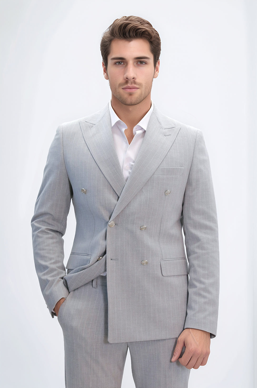 Pinstripe Double Breasted Men’s Light Grey Suit with Silver Button Details - Wessi