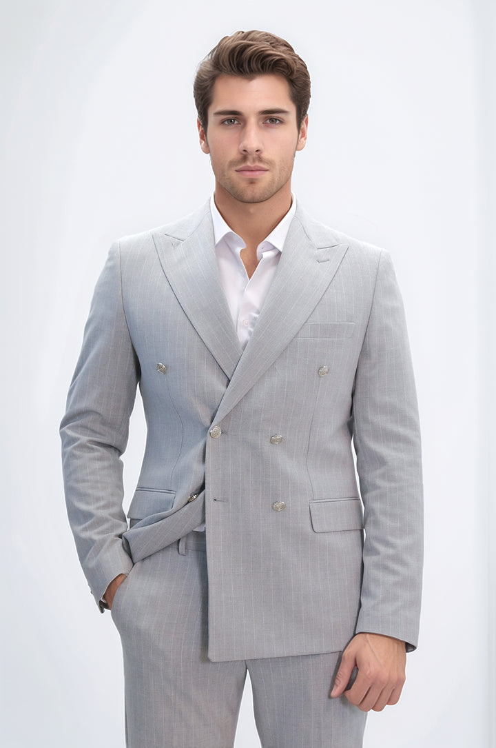 Pinstripe Double Breasted Men’s Light Grey Suit with Silver Button Details - Wessi