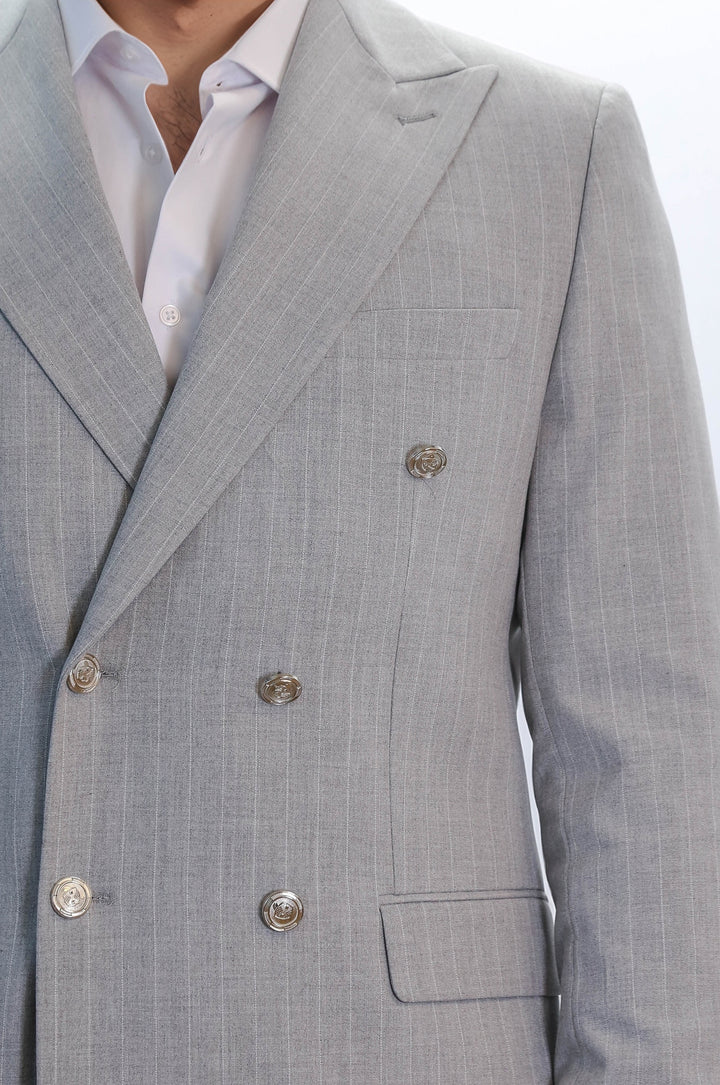 Pinstripe Double Breasted Men’s Light Grey Suit with Silver Button Details - Wessi