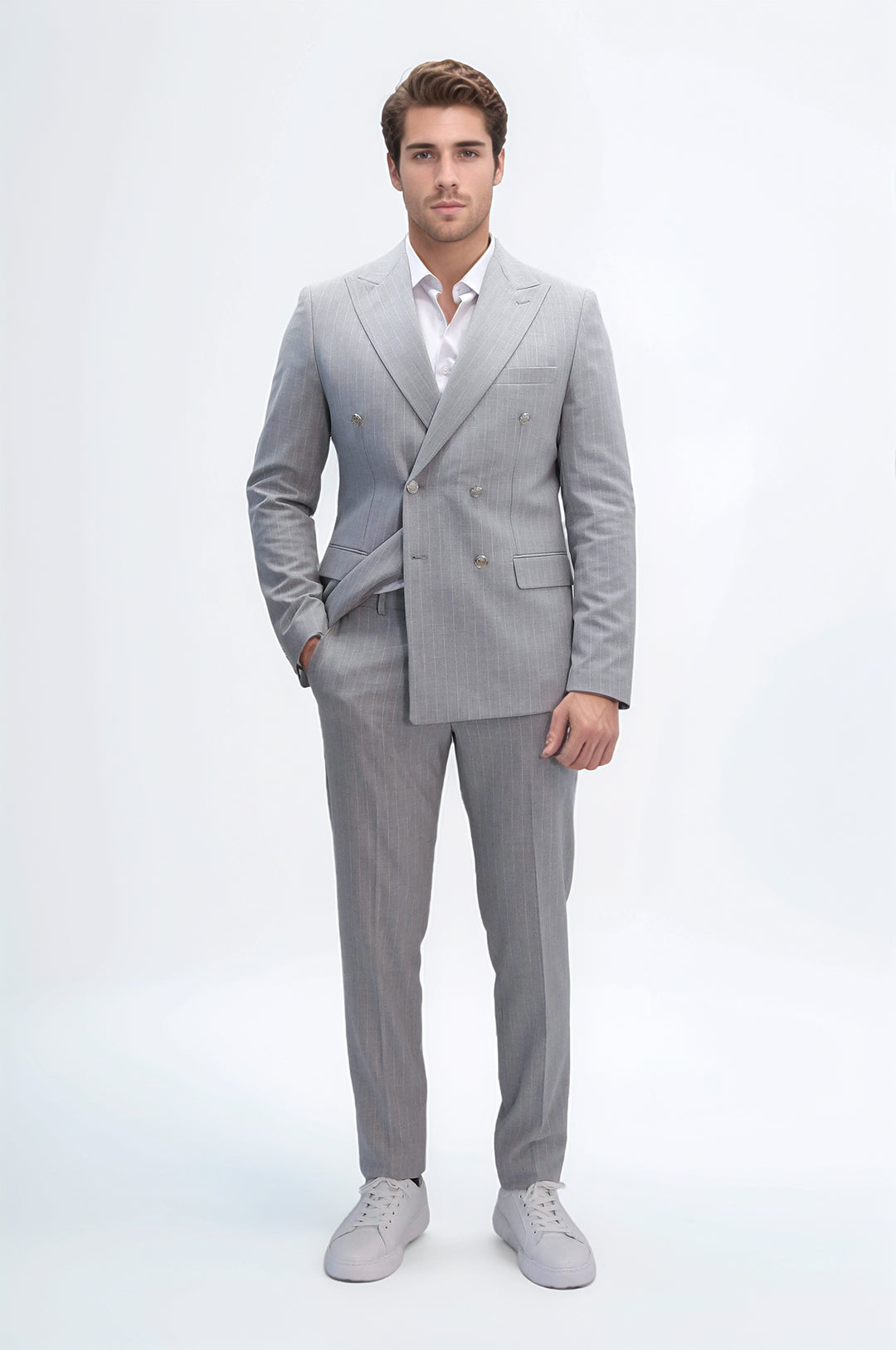 Pinstripe Double Breasted Men’s Light Grey Suit with Silver Button Details - Wessi