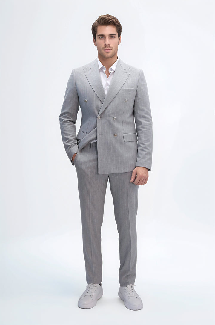 Pinstripe Double Breasted Men’s Light Grey Suit with Silver Button Details - Wessi